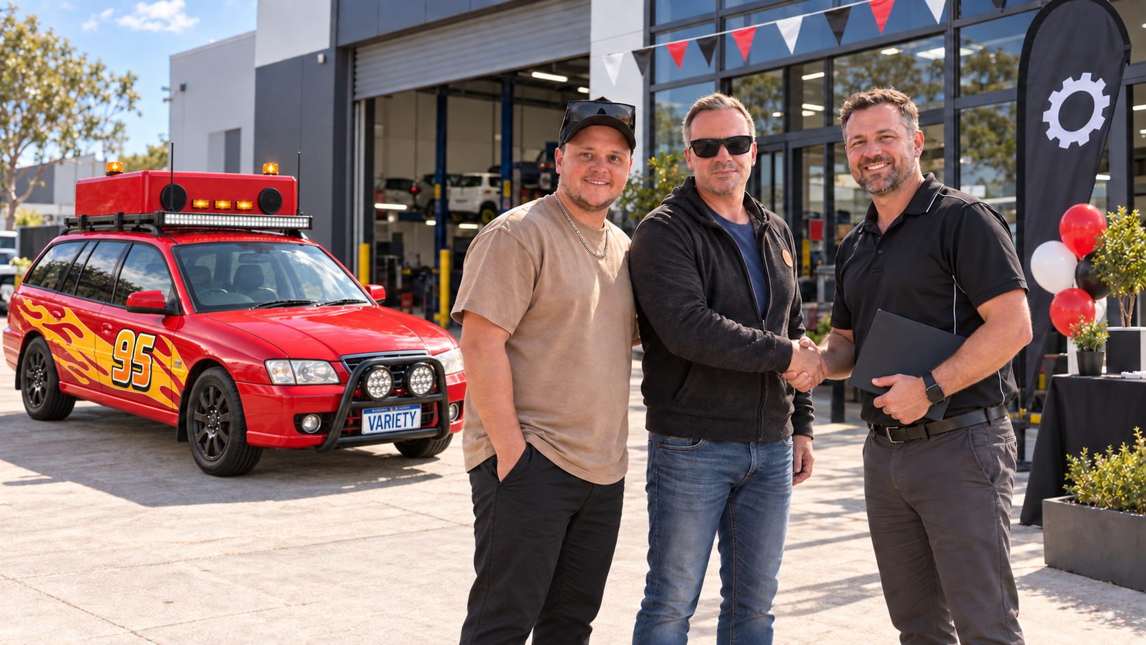 Phil and Brayden presenting the Team McQueen Bash car during a business sponsorship event